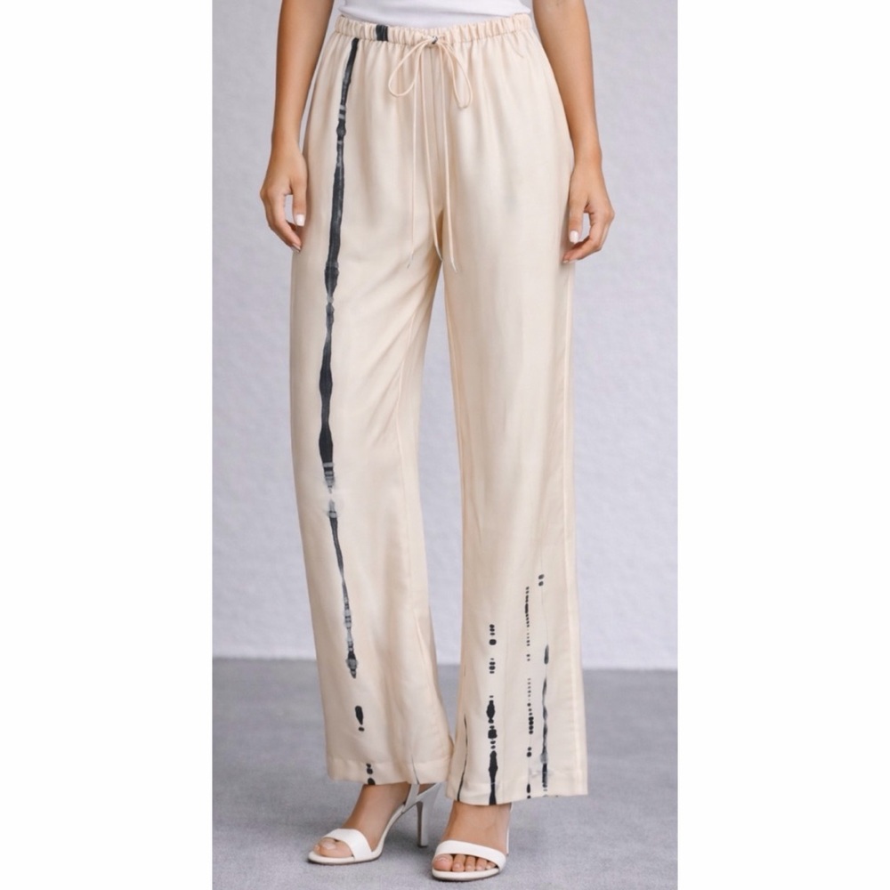 ZARA • Cream Abstract Watercolor Print Elastic-Waist Satin Effect Pants, XS
